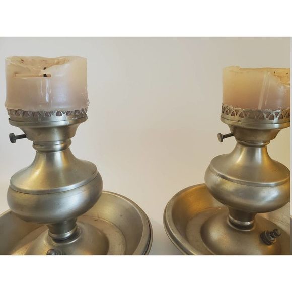 ANTIQUE Chamber Candle Holders Pewter (2) whale oil lamp style 1930s-40s - Picture 4 of 10